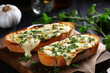 Toasted garlic bread with cheese as a snack in the restaurant menu.