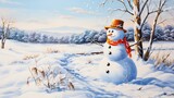 Fototapeta Na sufit -  a painting of a snowman with a red hat and scarf standing in the snow in front of a tree.  generative ai
