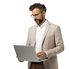 Business man holding laptop isolated on white background