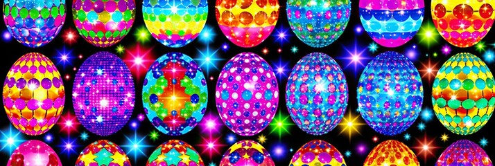 Aufkleber - Vibrant Array of Neon Lit Easter Eggs on a Dark Background