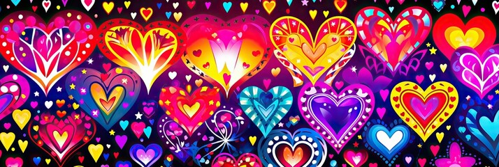 Poster - Abstract hearts neon lighting on black background, banner