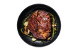 Roasted rib eye steak, ribeye beef meat in a pan.  Transparent background. Isolated