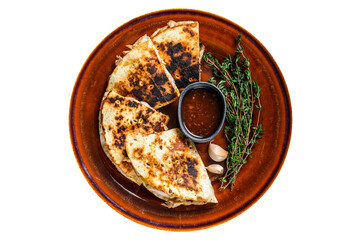 Wall Mural - Mexican quesadilla with chicken, paprika, cheese and cilantro on wooden cutting board.  Transparent background. Isolated