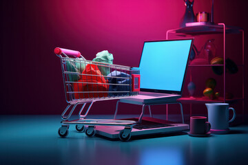 Wall Mural - Effortless E-Commerce: Laptop with Shopping Cart on Desk. ai generative