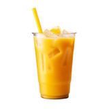 a fresh glass of mango juice with ice cubes and a straw isolated on a transparent background for a cafe or restaurant menu, a cold fruit beverage drink PNG