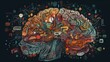 Human skull with creative coloful brain, left and right brain hemisphere, cerebral hemisphere, Doodle, brain, hemisphere. Colorful business Doogle, agile brain hemispheres communicating 