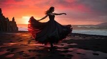  A Woman In A Long Dress Is Dancing On The Beach With The Sun Setting Behind Her And The Ocean In The Background.  Generative Ai