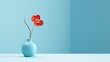  a blue vase with a single red flower in it on a white table with a blue wall in the background.  generative ai