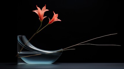  a glass vase with two flowers in it on a table in front of a black background and a black background.  generative ai