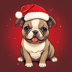 Wall Mural - cute kawaii small french bulldog puppy in santa hat for christmas postcard cartoon character style, generative AI