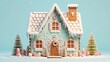  a gingerbread house decorated with candy canes and candy canes on a blue background with snowflakes and candy canes.  generative ai