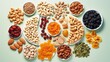  a variety of nuts, dried fruits, and dried raisins arranged in a circle on a white plate.  generative ai