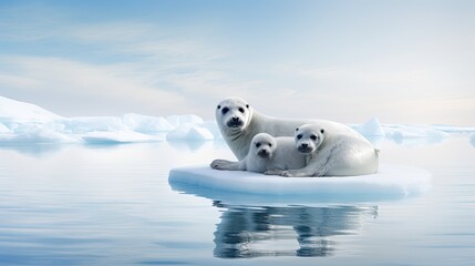 Canvas Print -  a couple of polar bears sitting on top of an iceberg in the middle of a large body of water.  generative ai