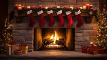  A Fireplace Decorated For Christmas With Stockings And Stockings On The Mantle And A Fireplace With A Lit Fire In It.  Generative Ai