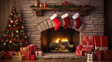  A Fireplace With Christmas Stockings Hanging Over It And A Christmas Tree In Front Of A Fire Place With Presents On The Mantle.  Generative Ai