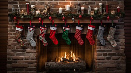 Poster -  a fireplace decorated for christmas with stockings hanging from the mantle and a lit fireplace with a lit candle in the background.  generative ai