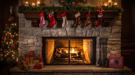 Poster -  a fireplace decorated for christmas with stockings and stockings hanging from the mantle and stockings hanging from the mantle over the fire.  generative ai