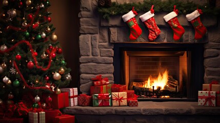 Poster -  a fireplace decorated with christmas stockings and stockings next to a christmas tree with stockings on it and a fire in the fireplace.  generative ai