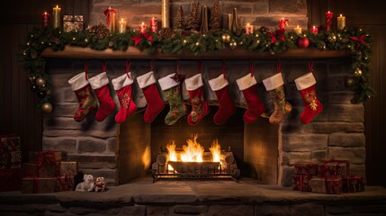 Poster -  a fireplace decorated for christmas with stockings and stockings hanging from the mantle and a  bear sitting in front of it.  generative ai 