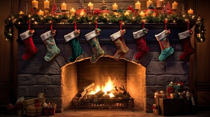 Canvas Print -  a fireplace with stockings hanging over it and a fire place in front of it with candles and presents on the mantle.  generative ai