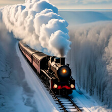 Steam Train In The Winter Forest