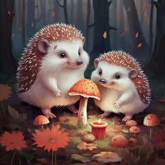 Wall Mural - Illustration of two hedgehogs sitting in the forest near a fly agaric