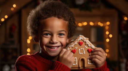 Canvas Print - A joyful boy holding a decorated gingerbread house with a big smile, surrounded by Christmas lights and festive decorations in a cozy indoor setting.