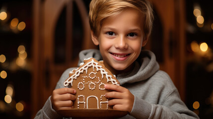 Canvas Print - A joyful boy holding a decorated gingerbread house with a big smile, surrounded by Christmas lights and festive decorations in a cozy indoor setting.