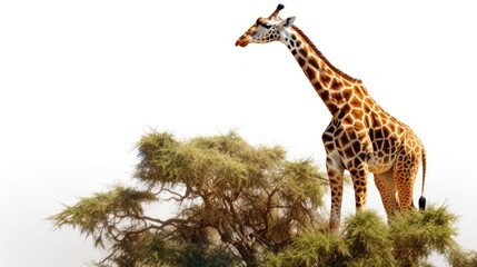 Canvas Print -  a giraffe standing on top of a lush green forest filled with lots of tall green leafy trees.  generative ai