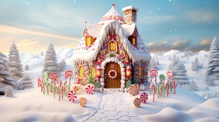 Poster -  a painting of a gingerbread house with candy canes and candy canes on the front of the house.  generative ai