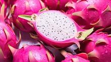  A Close Up Of A Dragon Fruit With Drops Of Water On The Inside Of The Fruit And On The Outside Of The Fruit.  Generative Ai