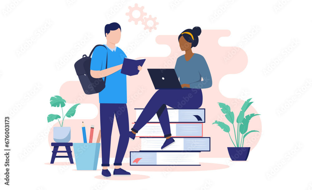 Education students reading - Male and female student doing schoolwork ...