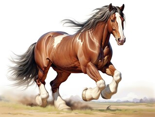 Poster -  a brown and white horse running across a grass covered field with a white sky in the background and a white sky in the background.  generative ai