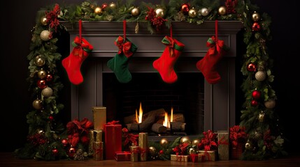 Poster -  a fireplace decorated for christmas with stockings and stockings hanging from the mantle and stockings hanging from the stockings on the mantel.  generative ai