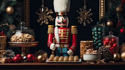 Poster -  a nutcracker in a nutcracker suit surrounded by christmas decorations and other holiday treats on a table.  generative ai