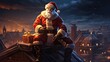  a santa clause sitting on top of a roof with a bag of presents in front of a city at night.  generative ai