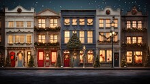  A Row Of Buildings With Christmas Decorations On The Windows And A Christmas Tree In The Middle Of The Front Of The Building.  Generative Ai