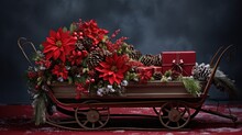  A Wagon Filled With Lots Of Red Flowers And Pine Cones On Top Of A Red Carpeted Floor Next To A Black Wall.  Generative Ai