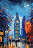 Fototapeta Big Ben - oil painting of Amazing view of Big Ben in London night stars England. watercolor, oil on canvas, wallpaper, buildings, sunset, art, artwork.