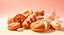  A Pile Of Different Types Of Breads And Pastries On A Pink Background With A Teddy Bear In The Middle.  Generative Ai