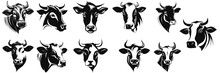 Bull And Buffalo Head Cow Animal Mascot Logo Design Vector. Black And White Cow Illustration. Set Cow Silhouette. Minimalist And Flat Logo