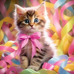 Canvas Print - A kitten with a bow sitting on the floor surrounded by colorful ribbons, AI