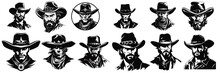Vintage Wanted Logo Modern Cowboy Western Character Person. Set Cowboy Logo, Black And White, Emblem Or Graphic Design. Wild West Vector Illustration