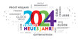 Frohes neues Jahr - Neujahrsgruß 2024 - bunter fröhlicher Text mit verschiedenen Grußformeln und Wünschen - deutsch