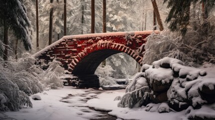 Poster -  a bridge in the middle of a snowy forest with snow on the ground and trees on the other side of the bridge.  generative ai