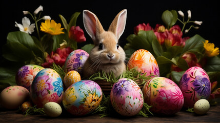 Wall Mural - Cute rabbit and Easter eggs on a dark background. Happy Easter day concept and idea.Generative AI