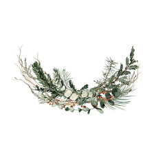 watercolor floral bouquet. hand painted arrangement of winter leaves, green fir tree branches, chris