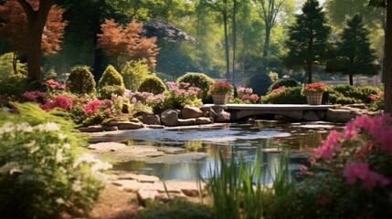 Canvas Print - A beautiful garden with a pond and flowers, AI