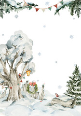 watercolor nursery frame. hand painted christmas card of woodland border with baby animals in wild, 