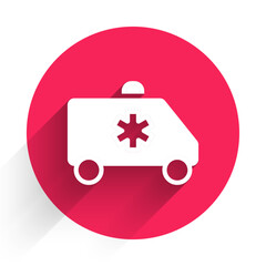 Wall Mural - White Ambulance and emergency car icon isolated with long shadow. Ambulance vehicle medical evacuation. Red circle button. Vector
